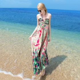 Women 100 Silk dress Beach dress 100% Natural Silk Print dress Strapless Holiday summer dresses